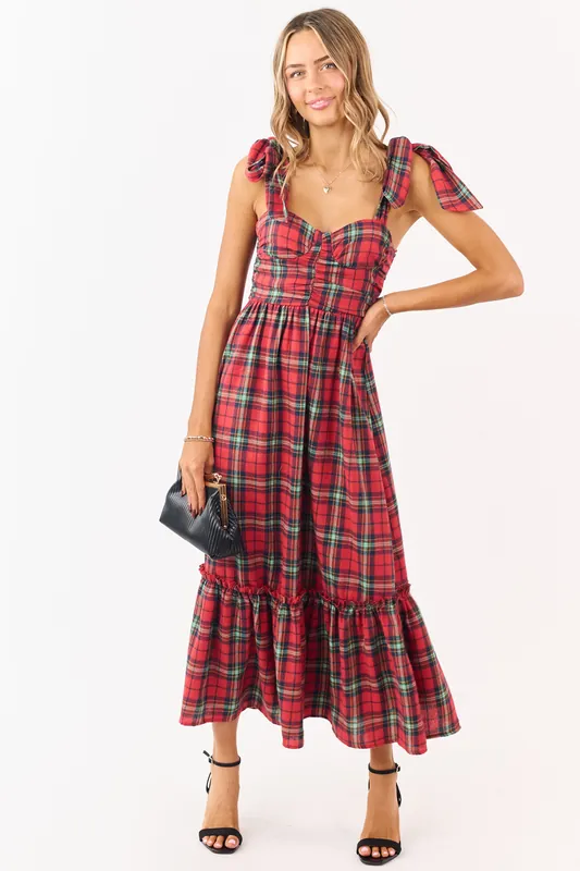 Ruby Plaid Tie Strap Sweetheart Midi Dress - So Me