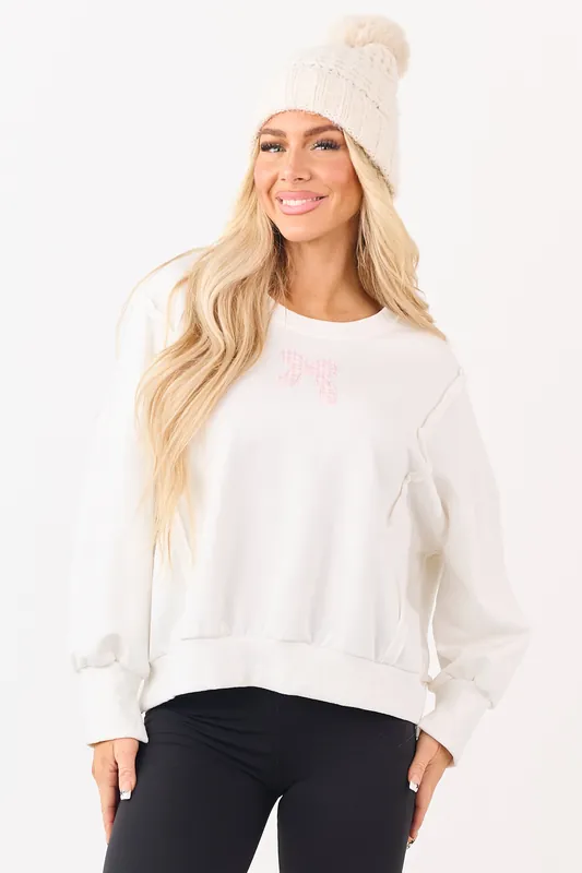 Ivory Gingham Bow Patch Graphic Relaxed Sweatshirt - Paper Moon