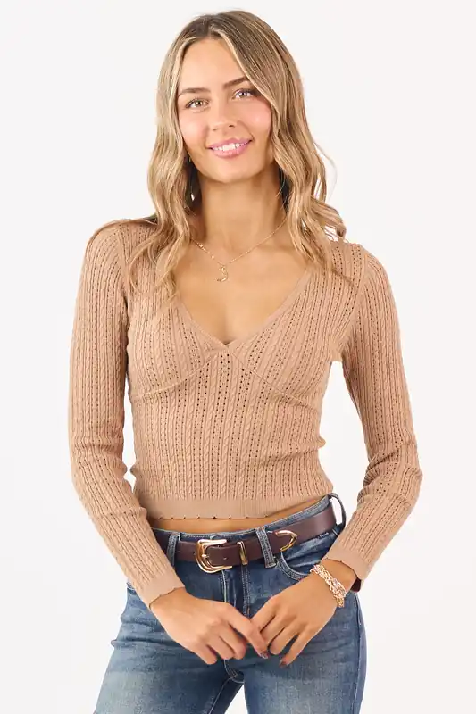 Latte Deep V-Neck Pointelle Cropped Fitted Top