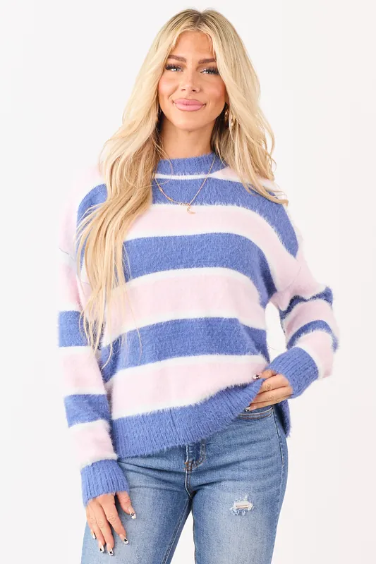 Steel Blue and Blush Striped Soft Fuzzy Knit Sweater - Paper Moon