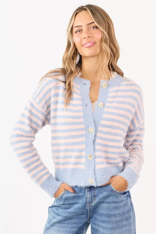Slate Blue Striped Button Down Eyelash Knit Cardigan - Blu Pepper