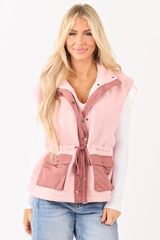 Cherry Blossom Sherpa Button Down Collared Vest - Privy