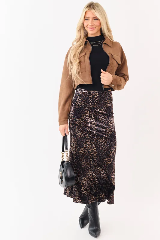 Sepia and Camel Leopard Print Velvet Midi Skirt - Wasabi+Mint