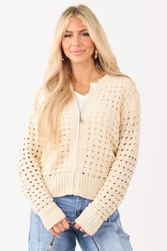 Cream Zip Up Open Knit Sweater Cardigan - Kentce