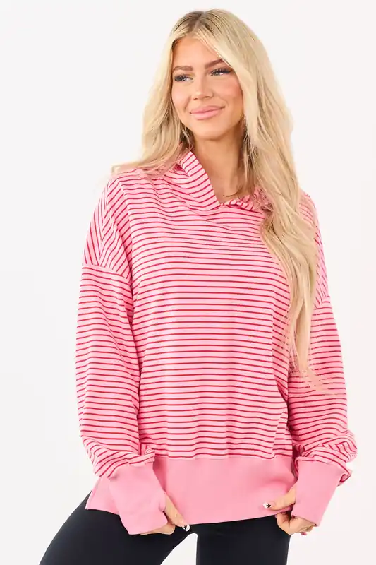 Coral Striped Ribbed Trim Side Slit Relaxed Hoodie - Kentce