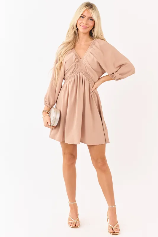 Nude Deep V Neck Smocked Bubble Sleeve Mini Dress - Kentce