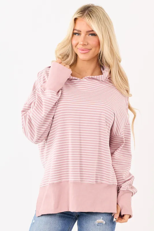 Mauve Striped Ribbed Trim Side Slit Relaxed Hoodie - Kentce