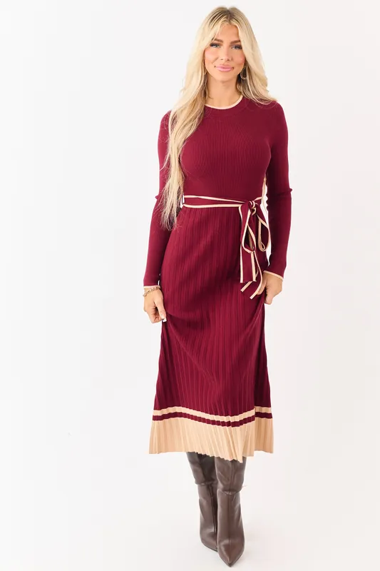 Wine Rib Knit Waist Tie Sweater Midi Dress - Camellia Clothing