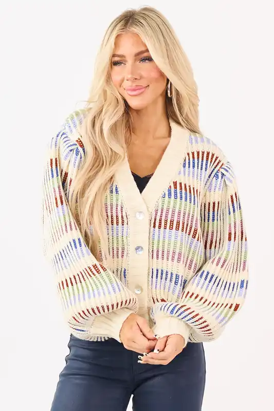 Multicolored Striped Chunky Ribbed Sweater Cardigan - Camellia Clothing