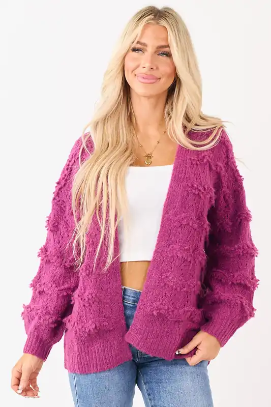 Boysenberry Pointelle Wool Blend Open Front Cardigan - Timing