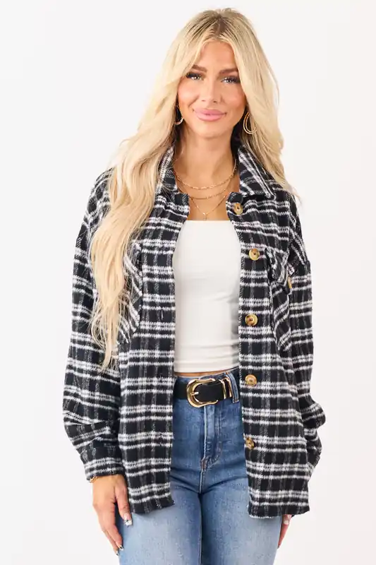 Black and Ivory Plaid Button Down Shacket - Timing