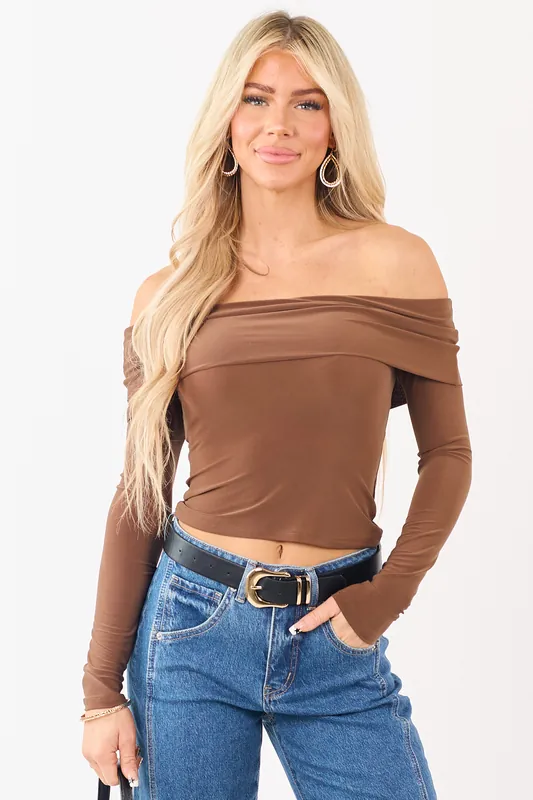 Cognac Off Shoulder Long Sleeve Fitted Knit Top - Timing