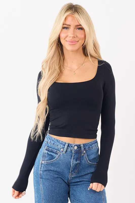 Black Double Layer Square Neck Fitted Knit Crop Top - ANWND