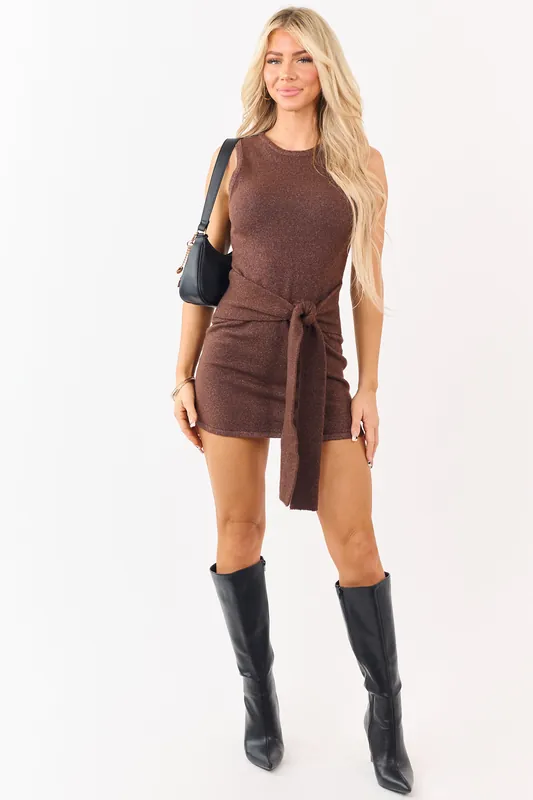 Chocolate Sleeveless Front Tie Sweater Mini Dress - LE LIS