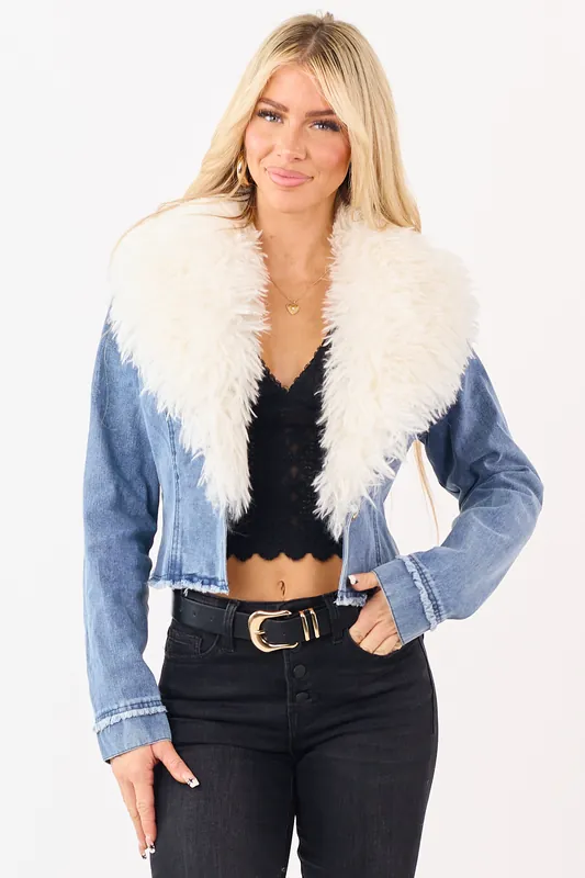 Medium Wash Faux Fur Collar Button Up Denim Jacket - Coalition