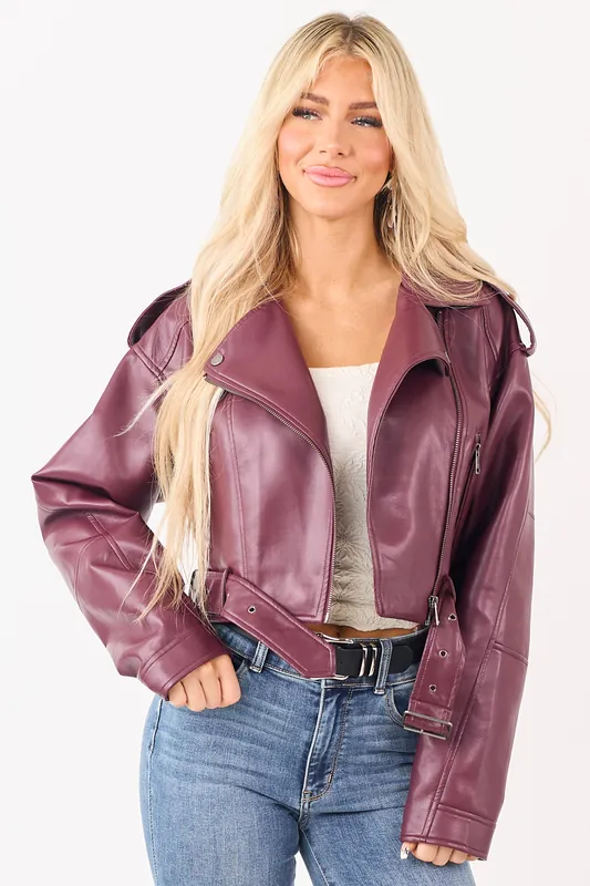 Wine Faux Leather Zip Up Cropped Jacket - Coalition