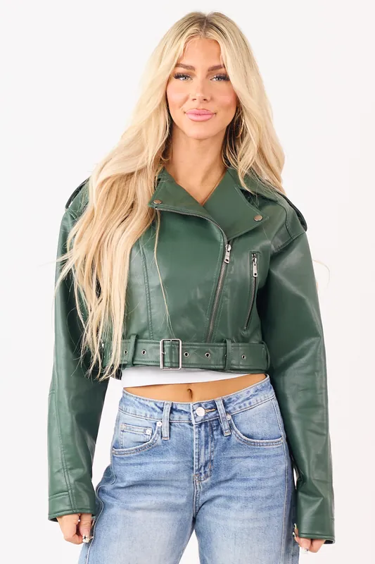 Hunter Green Faux Leather Zip Up Cropped Jacket - Coalition