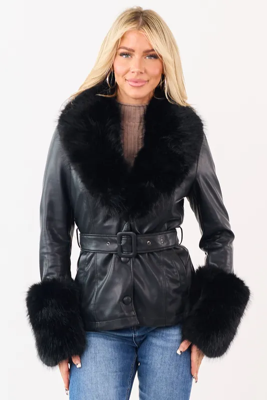 Black Faux Leather Belted Faux Fur Trim Coat - Coalition