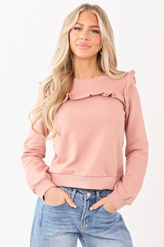 Listicle Dusty Coral Ruffled French Terry Sweatshirt