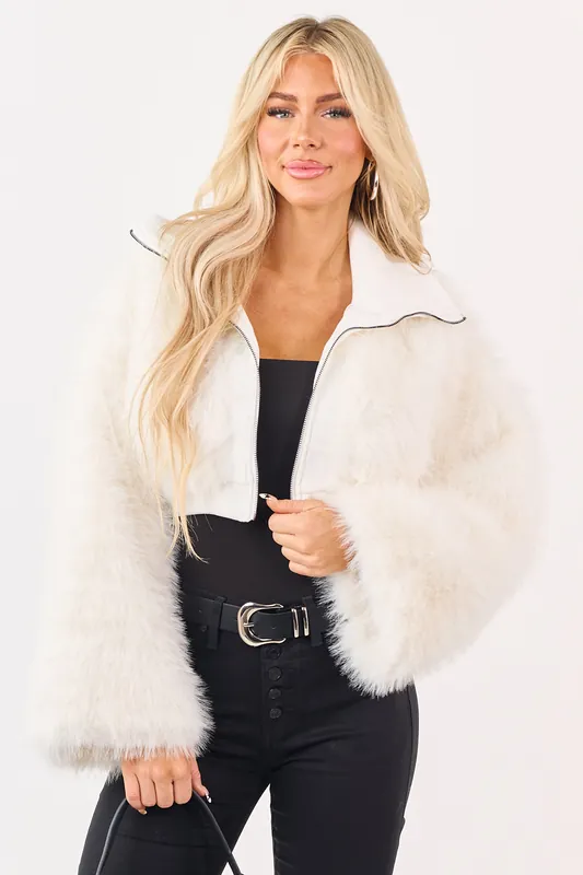 White Faux Fur Zip Up Collared Cropped Jacket - Coalition