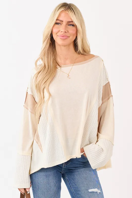 POL Cream Contrast Patchwork Long Sleeve Top - POL Clothing