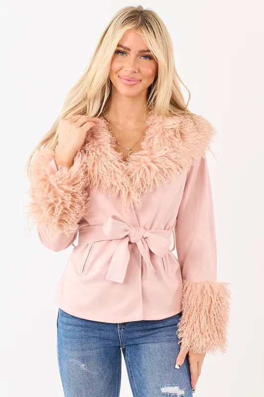Cherry Blossom Faux Suede Waist Tie Faux Fur Coat - Fore Collection