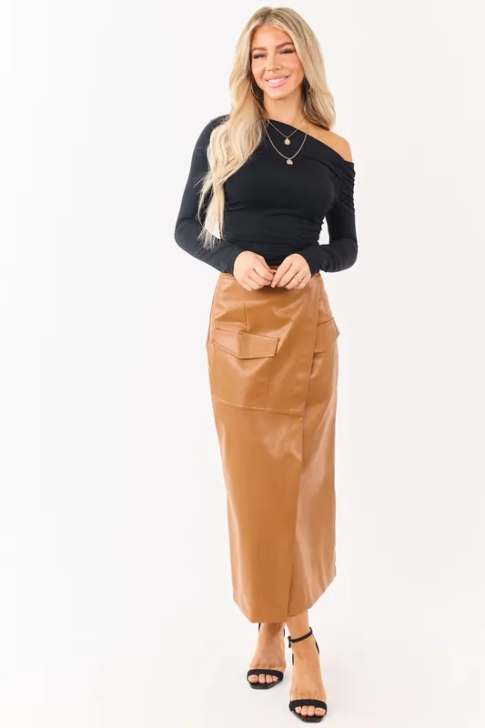 Copper Faux Leather Asymmetrical Wrap Maxi Skirt - Fore Collection