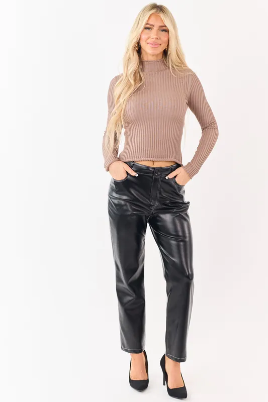 Black Faux Leather Contrast Stitch Straight Leg Pants - Fore Collection