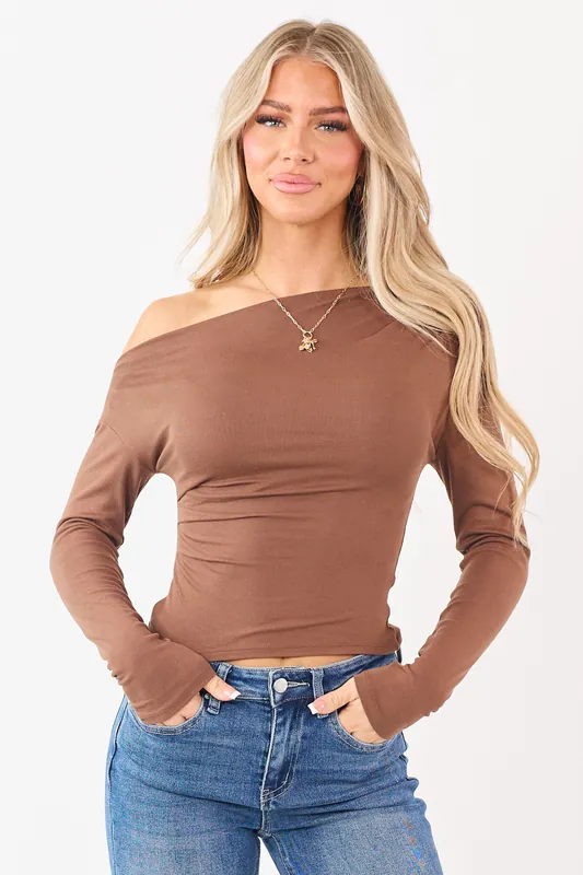 Walnut Asymmetrical One Shoulder Long Sleeve Top - Shop Iris