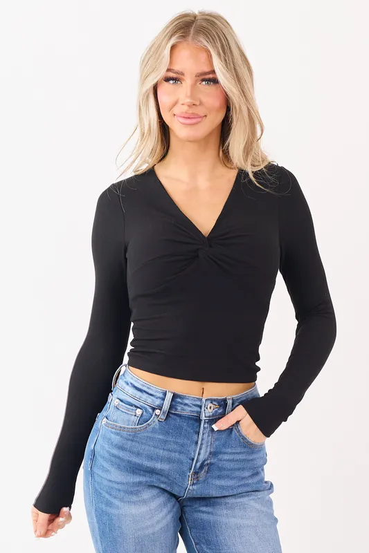 Black Rib Knit Front Twist Long Sleeve Top - Shop Iris