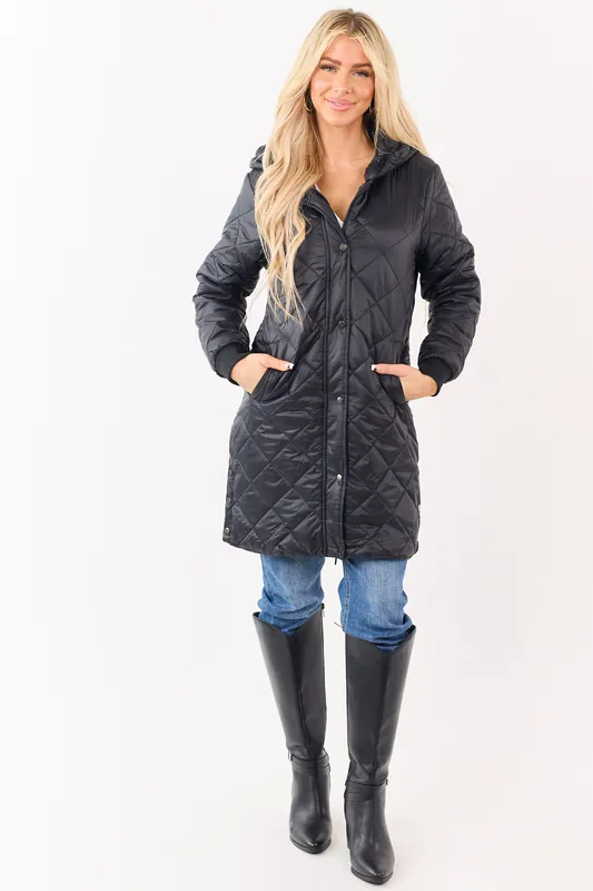 Black Hooded Zip Up Quilted Puffer Long Coat - Shop Iris
