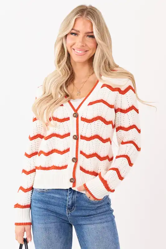 Ivory and Rust Chevron Striped Cotton Cardigan - Camellia Clothing