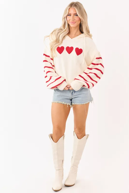 Mello Cream Heart Patch Stripe Sleeve Hooded Sweater