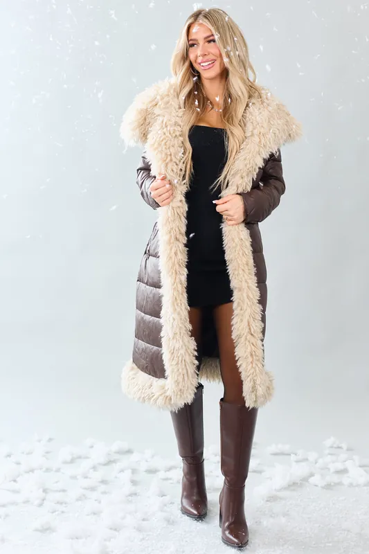 Cocoa Longline Puffer Coat with Contrast Fur Trim - Coalition