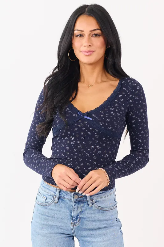 Navy Blue Floral Print Lace Trim Long Sleeve Top - Pretty Garbage