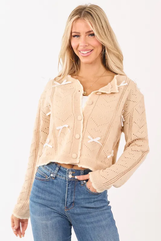 Nude Ribbon Bow Pointelle Knit Boxy Cardigan - So Me
