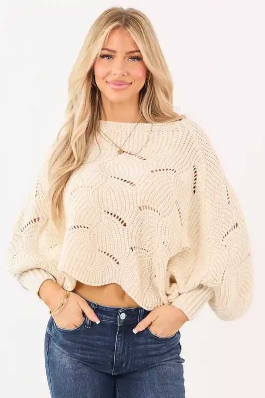 Cream Open Knit Dolman Sleeve Crop Sweater Poncho - ANGIE