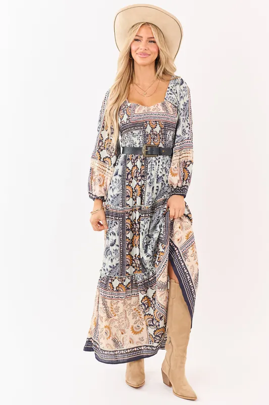 Mint Boho Tile Print Smocked Long Sleeve Maxi Dress - ANGIE