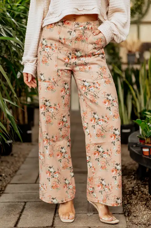 Camel Rose Print Wide Leg High Rise Jeans - BiBi