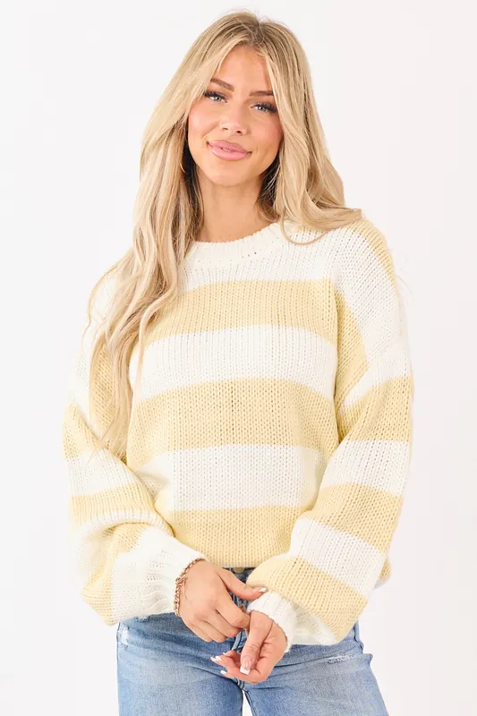 Ivory and Buttercream Striped Chunky Knit Sweater - LE LIS