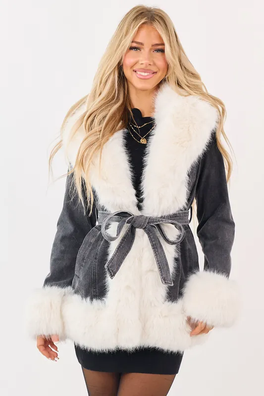 Charcoal Wash Denim Faux Fur Trim Jacket - Coalition