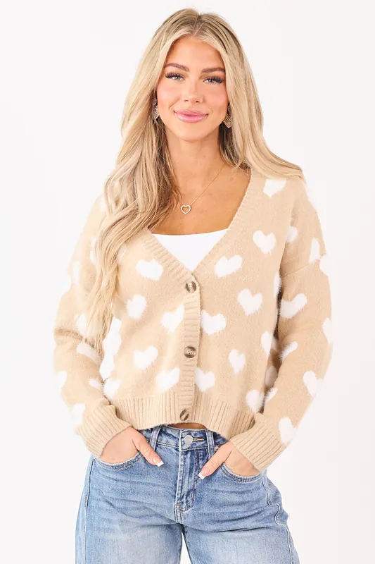 Mello Beige Heart Print Button Down Fuzzy Cardigan