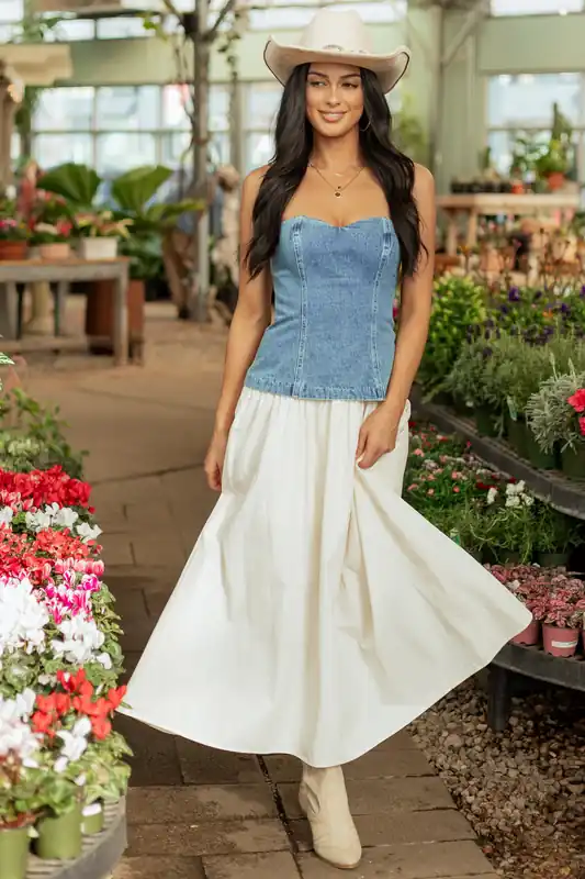 Medium Wash Denim Strapless Contrast Midi Dress - Fore Collection