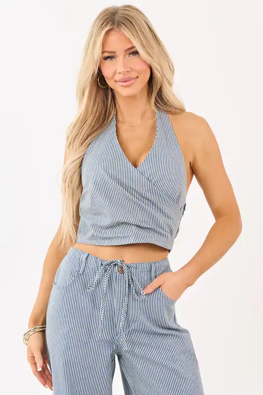 Steel Blue Pin Stripe Denim Wrap Cropped Halter Top - Fore Collection