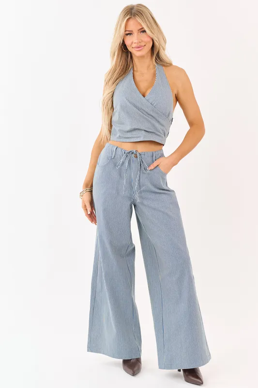 Steel Blue Pin Stripe Stretchy Denim Wide Leg Pants - Fore Collection
