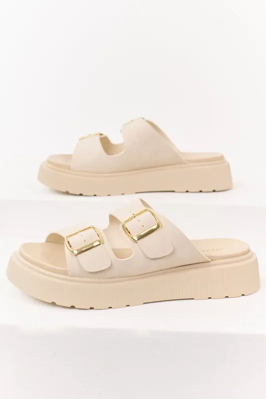 Almond Faux Leather Double Strap Platform Sandals - FORTUNE DYNAMIC