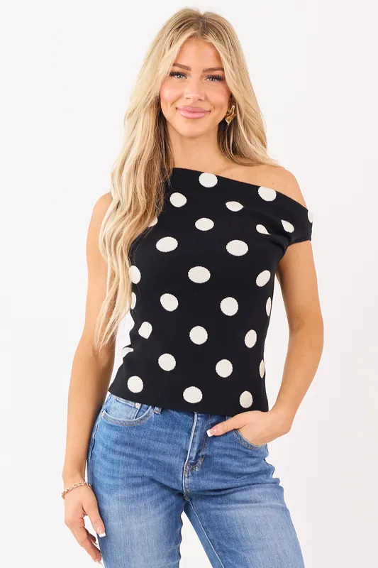 Black Polka Dot Asymmetrical One Shoulder Top - LE LIS
