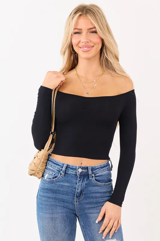 Black Off Shoulder Ruched Long Sleeve Crop Top - Love Poem