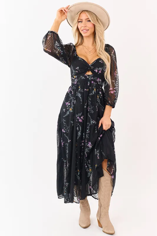 Black Floral Swiss Dot Twist Front Maxi Dress - ANGIE