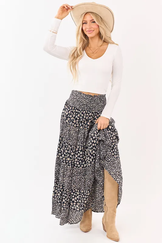 Black Smocked Waist Daisy Print Tiered Maxi Skirt - ANGIE